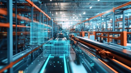 Fototapeta premium Smart Factory: Automated Warehouse System with Digital Overlay