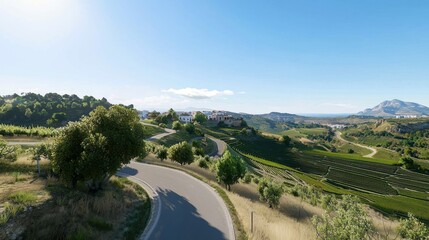 Fototapeta premium Scenic view of winding road through lush vineyards and hills.