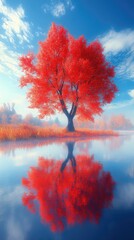 Vibrant red autumn tree reflected in calm lake at sunrise. Peaceful nature scene, ideal for calendars or screensavers