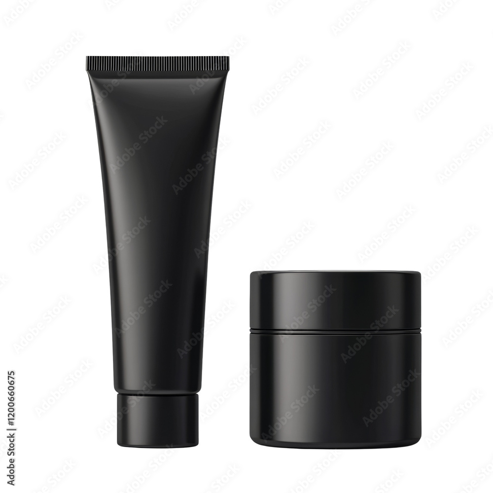 Poster the image shows two black cosmetic containers a tube and a jar on a white background a simple produc