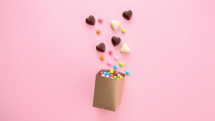 Heart-Shaped Chocolates and Colorful Candy Burst on Pastel Pink Background
