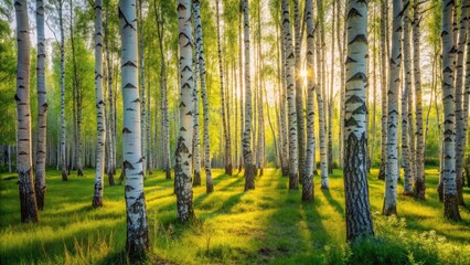 Obraz premium Low Light Photography of a Tranquil Birch Grove with Wild Vegetation in a Rural Setting