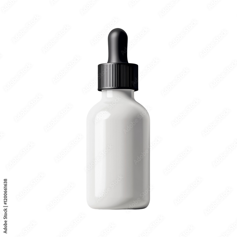 Poster a pristine white bottle with a black dropper cap is shown against a plain white background in a stud