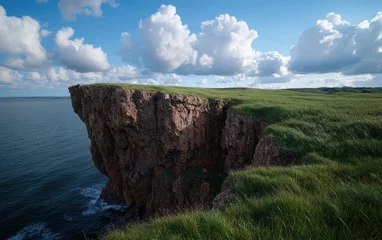 Gardinen Dramatic coastal cliff with grassy top overlooking the ocean under a cloudy sky © Balaraw