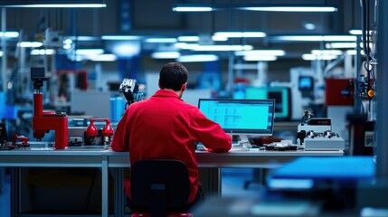 Fototapeta premium A technician focuses on a computer screen while seated at a workstation in a factory