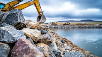 Fototapeta premium Heavy machinery is engaged in construction along a riverbank, with workers in the background