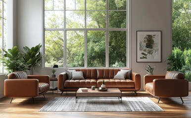 Fototapeta premium Modern Vintage Living Room with Brown Leather Sofas and Large Windows Offering Natural Light and Views