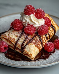 Delicious crepes with fresh raspberries, whipped cream, and chocolate sauce
