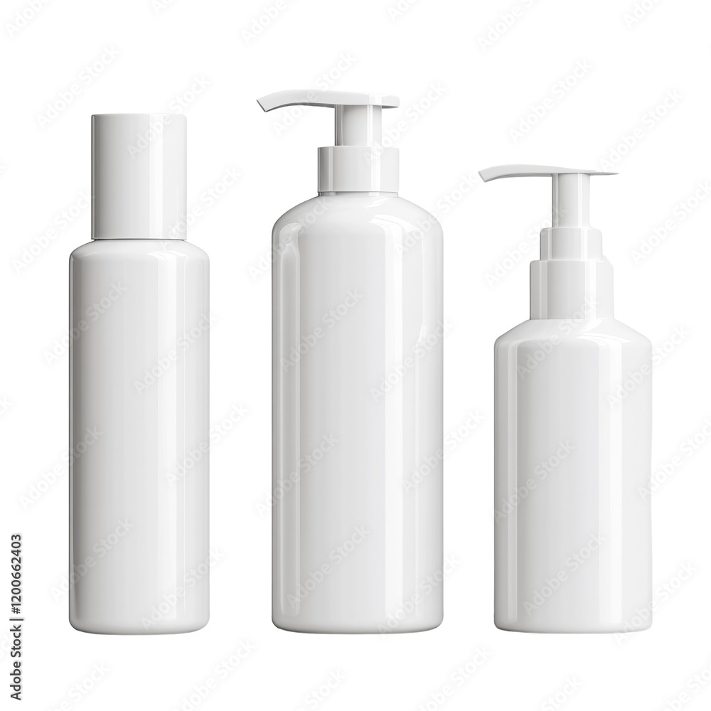 Poster the image shows three blank white cosmetic bottles of varying sizes; a small bottle and two pump bot