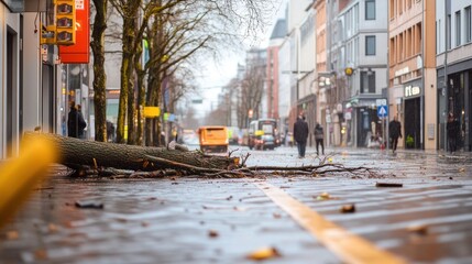 A large tree has fallen across a busy street during a rainstorm, affecting traffic and pedestrians