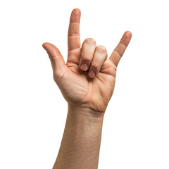 closeup of rock and roll hand gesture isolated on white background