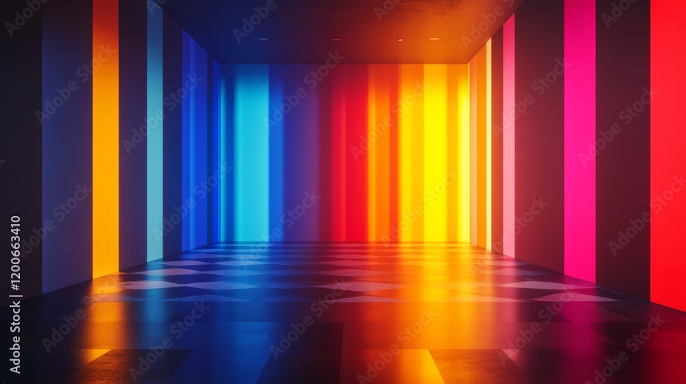 Poster a vibrant abstract rainbow design with glowing colorful gradients and patterns on a dark background