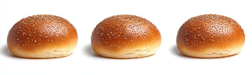 Three golden-brown poppy seed buns, isolated on white background.