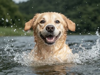 Golden Retriever dog playing in water, happy dog in lake