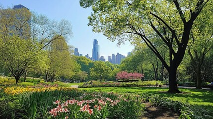 Vibrant Spring Park with Blooming Flowers and Green Trees