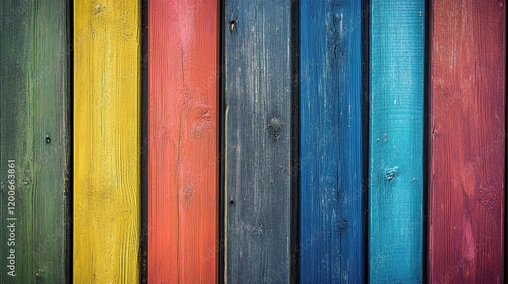 Poster vibrant wood panel: an array of multicolored wooden planks form a vivid and visually striking patter