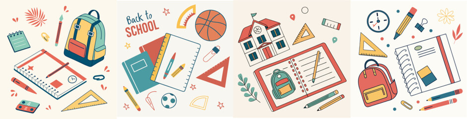 Trendy school posters, backgrounds. Modern design with school supplies, education stickers, stationery. Back to school concept. Vector illustration in flat style