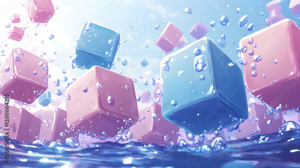 Poster Colorful cubes float in water, creating a playful, refreshing underwater scene