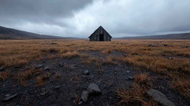 Lonely cabin on a desolate moor under a dramatic sky