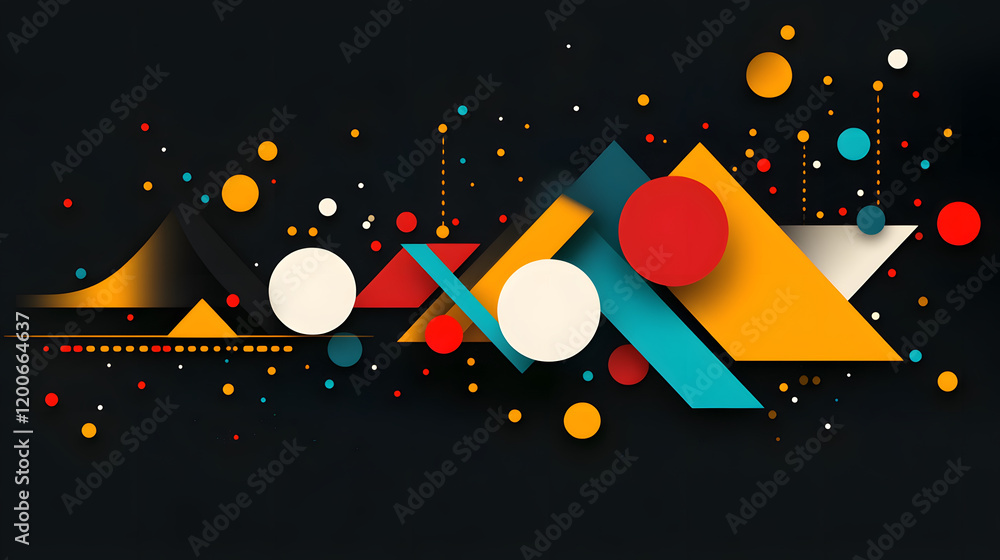 Poster abstract composition featuring colorful geometric shapes and dots on a dark background