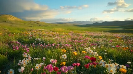 prairie in full bloom during spring, with an array of colorful wildflowers scattered across the ground, creating a vibrant contrast against the sea of green grasses