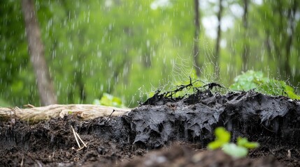Raindrops fall on dark soil, sparkling as they hit the ground amidst lush greenery and nature
