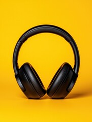 Black wireless headphones on yellow background