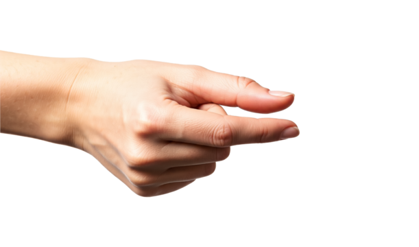 Hand holding a little bit of something, isolated on white background