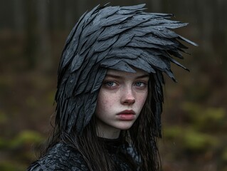 Mysterious girl in a dark forest wearing a raven feather headdress