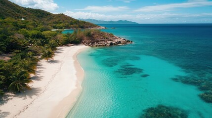 pristine remote island with crystal-clear turquoise waters, white sandy beaches, and lush palm trees under a bright blue sky