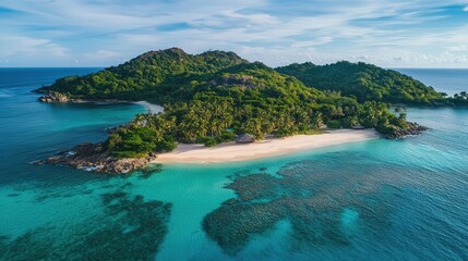Fototapeta premium dziewicza, odległa wyspa z krystalicznie czystą, turkusową wodą, białymi piaszczystymi plażami i bujnymi palmami pod jasnoniebieskim niebem