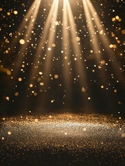 Radiant golden light enhances the falling stars and sparkles, forming a luxurious, dreamy, and magical effect on a dark, atmospheric backdrop.