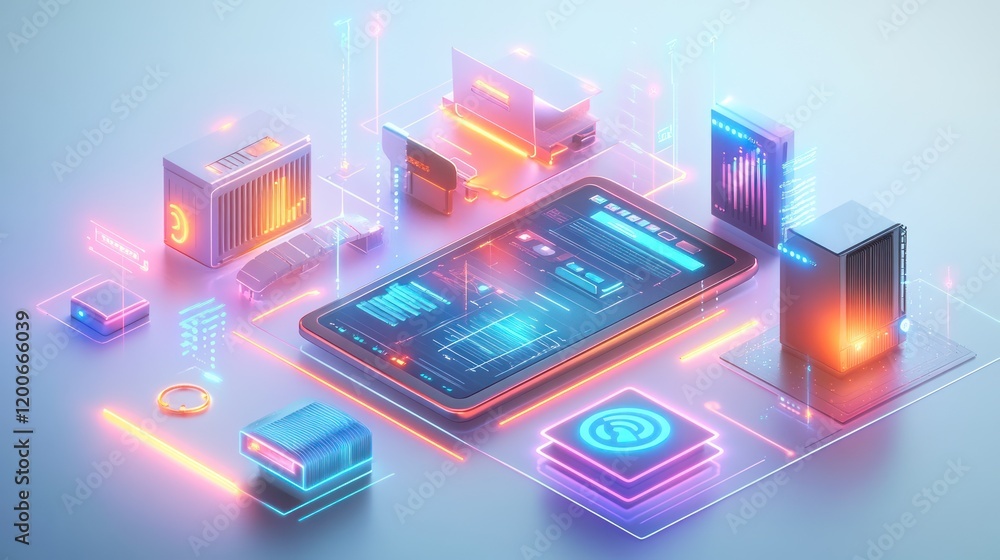 Poster futuristic smartphone displaying data, connected to various digital devices and servers.