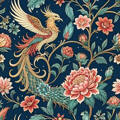 Floral seamless pattern with flowers, leaves, and  peacock in a vintage decorative style for wallpaper and textile design