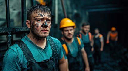 Fototapeta premium Workers in a coal mine show signs of exhaustion and dirt after a hard day of labor