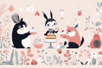 Naklejka premium Adorable Animals Enjoying Afternoon Tea Party Together