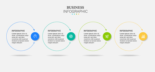 Concept of arrow business model with successive steps. 4 colorful circle elements. Timeline design for brochure, presentation. Infographic design layout