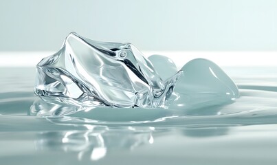 Ice cube melting in water, creating ripples.