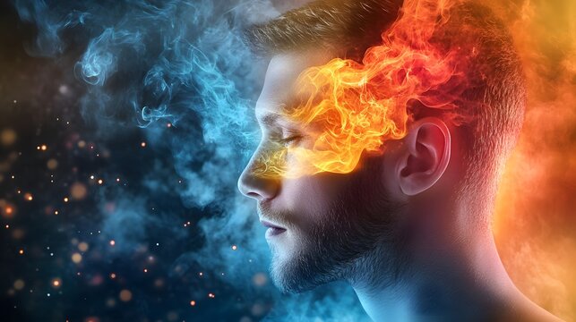 Fiery transformation of a man's face in ethereal setting artistry surreal portrait emotional depth conceptual imagery