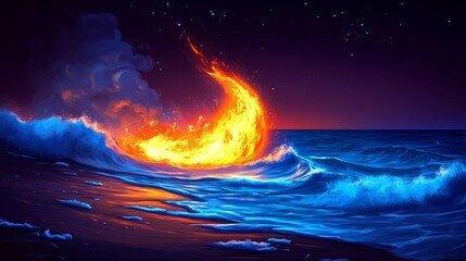 Fiery Crescent Moon Crashing into Ocean Waves at Night
