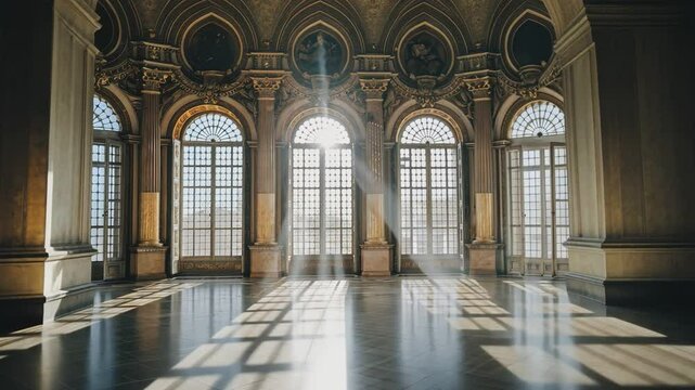 Sunlight Streaks Through Grand Hall: Light streams through a majestic arched window, illuminating the opulent interior of a grand hall, a perfect canvas for a celebration, a grand event.