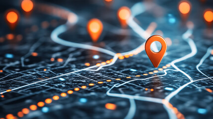 Map pins on with gps navigator on a map with digital lights