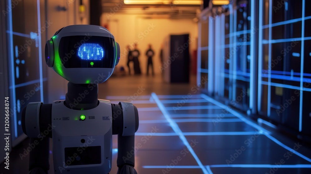 Poster robot equipped with multiple sensors mapping its environment in 3d, with visual representations of l