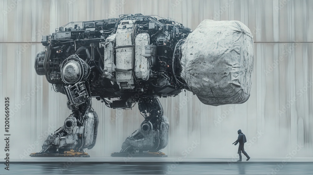 Poster robotic exoskeleton assisting a person in lifting heavy objects, emphasizing its mechanical design a