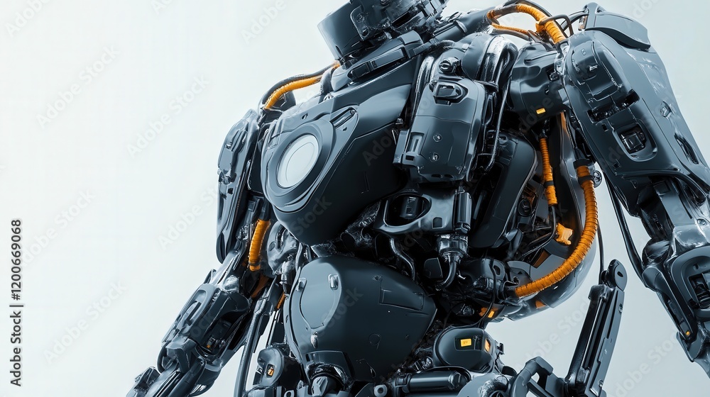 Poster robotic exoskeleton assisting a person in lifting heavy objects, emphasizing its mechanical design a