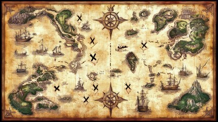 Antique Treasure Map with Ships and X Marks