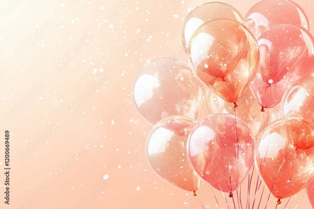 Aufkleber peach-colored translucent balloons float against a soft pink background with sparkling confetti. per