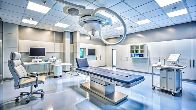 Modern Hospital Cath Lab - State-of-the-Art C-Arm Fluoroscopy System and Sleek Examination Table in a Pristine, Minimalist Medical Setting