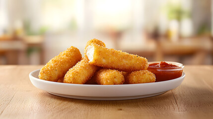 Crispy Mozzarella Sticks with Marinara Sauce on Wooden Table