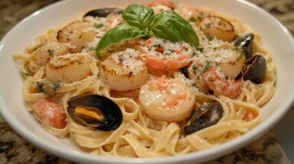 seafood linguine with scallops, shrimp, and mussels in a creamy white wine sauce, garnished with fresh basil and parmesan